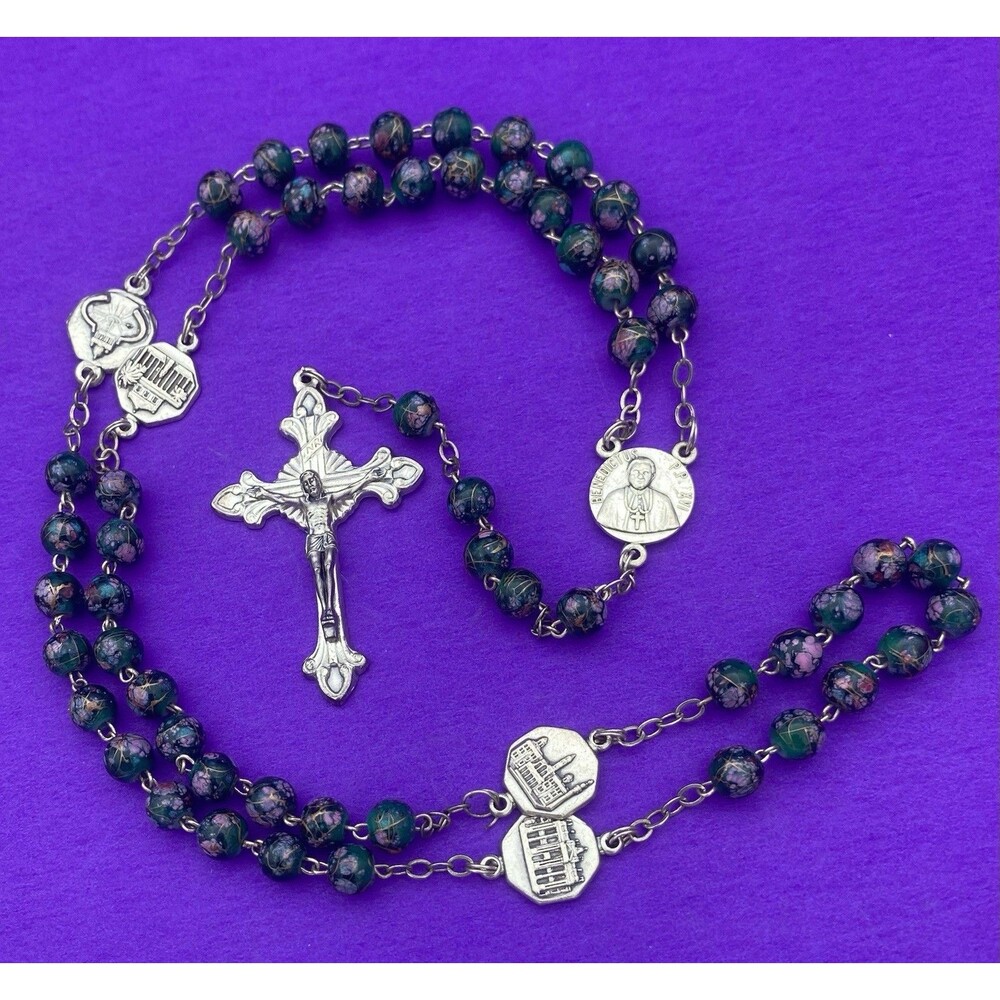 Vtg Green Pink Gold Glass Rosary, Pope Benedict XVI, 4 Basilicas, Italy, 20.5”